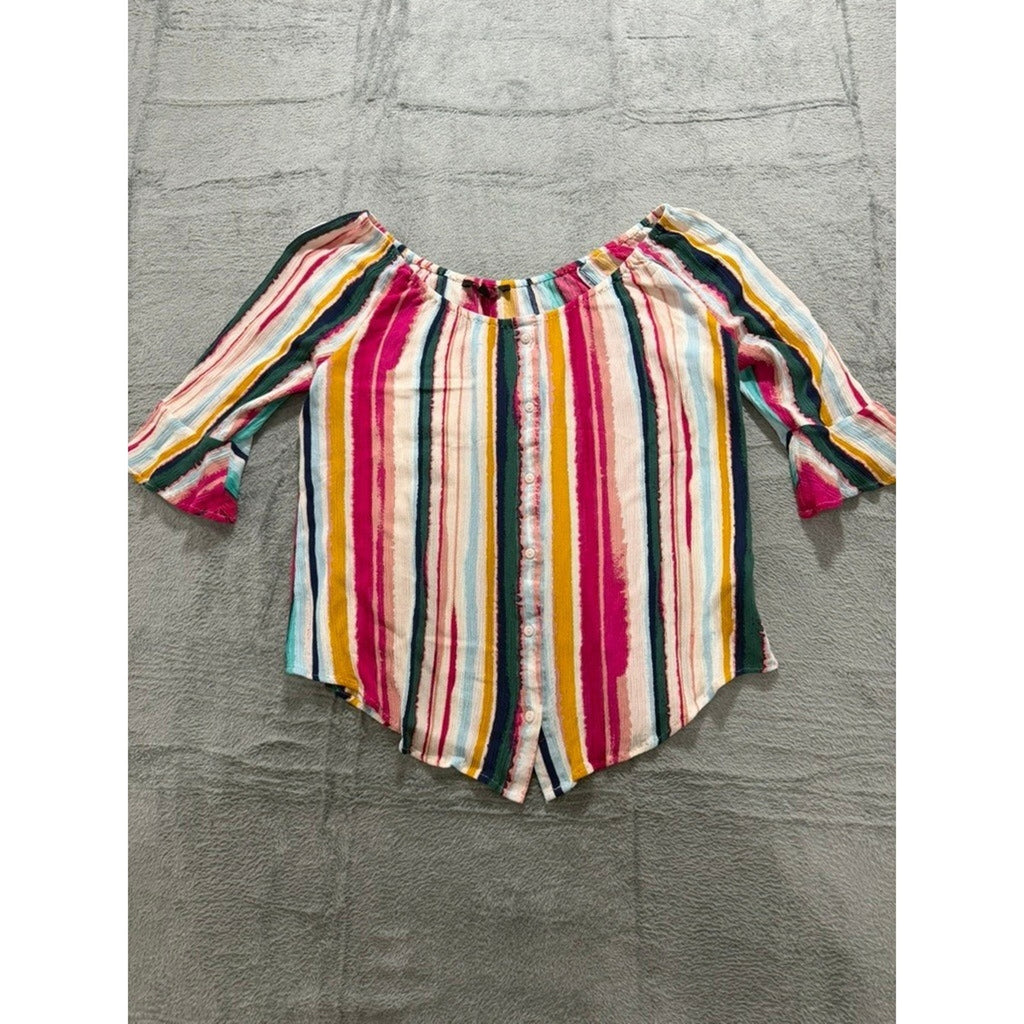Zac Rachel Womens Medium Striped Off Shoulder Boho Button Front Blouse Top