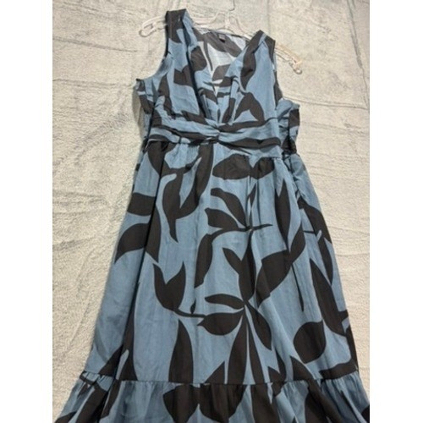 Blue Black Tropical Leaf Print Smocked Tiered Maxi Dress Women Medium Vacation