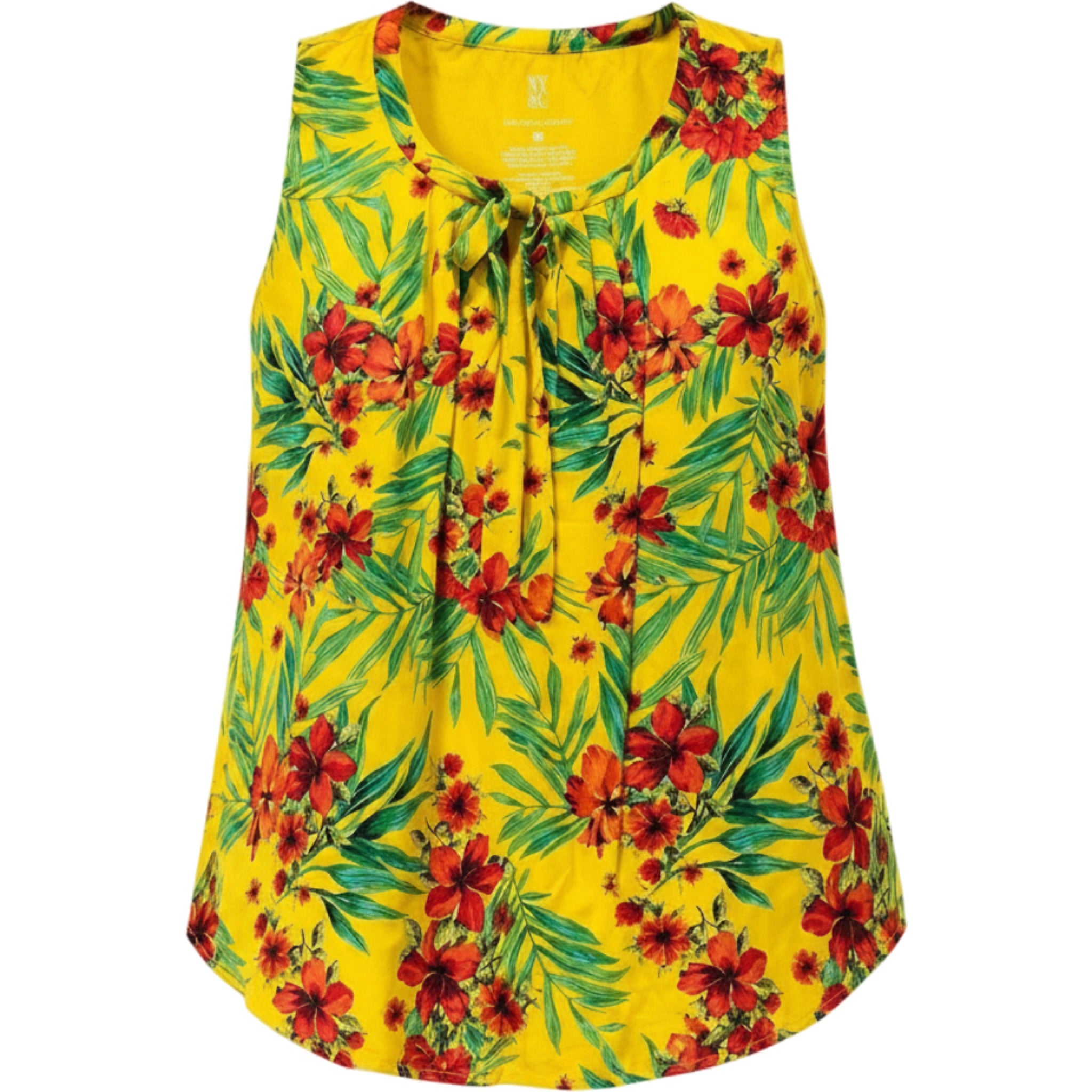 NY&Co Sleeveless Blouse Womens XL Yellow Floral Tropical Tie Neck Lined