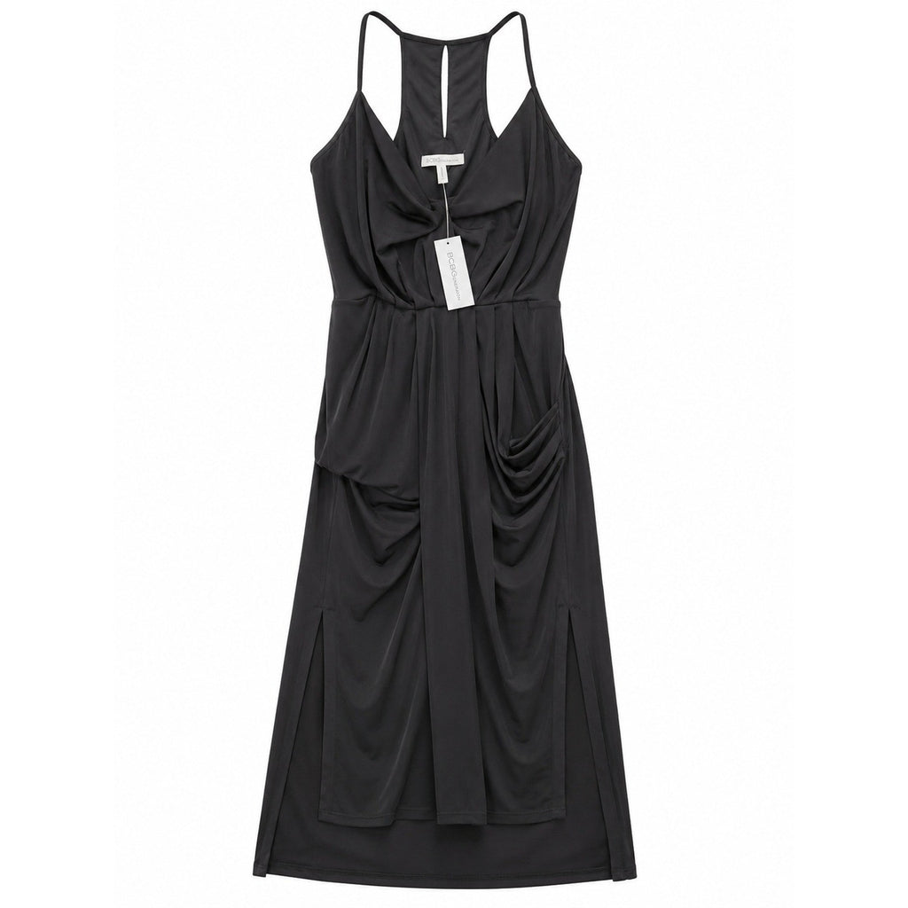 BCBGeneration Black Draped Racerback Midi Dress NWT XS Sleeveless Surplice LBD