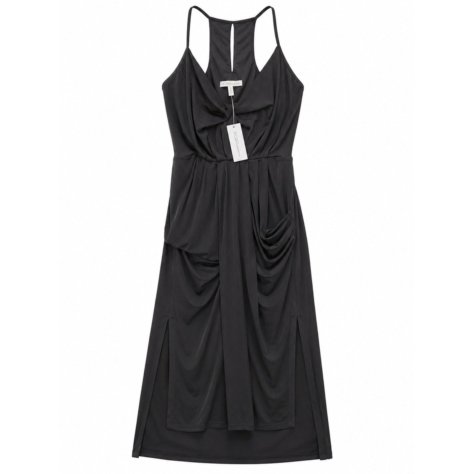 BCBGeneration Black Draped Racerback Midi Dress NWT XS Sleeveless Surplice LBD