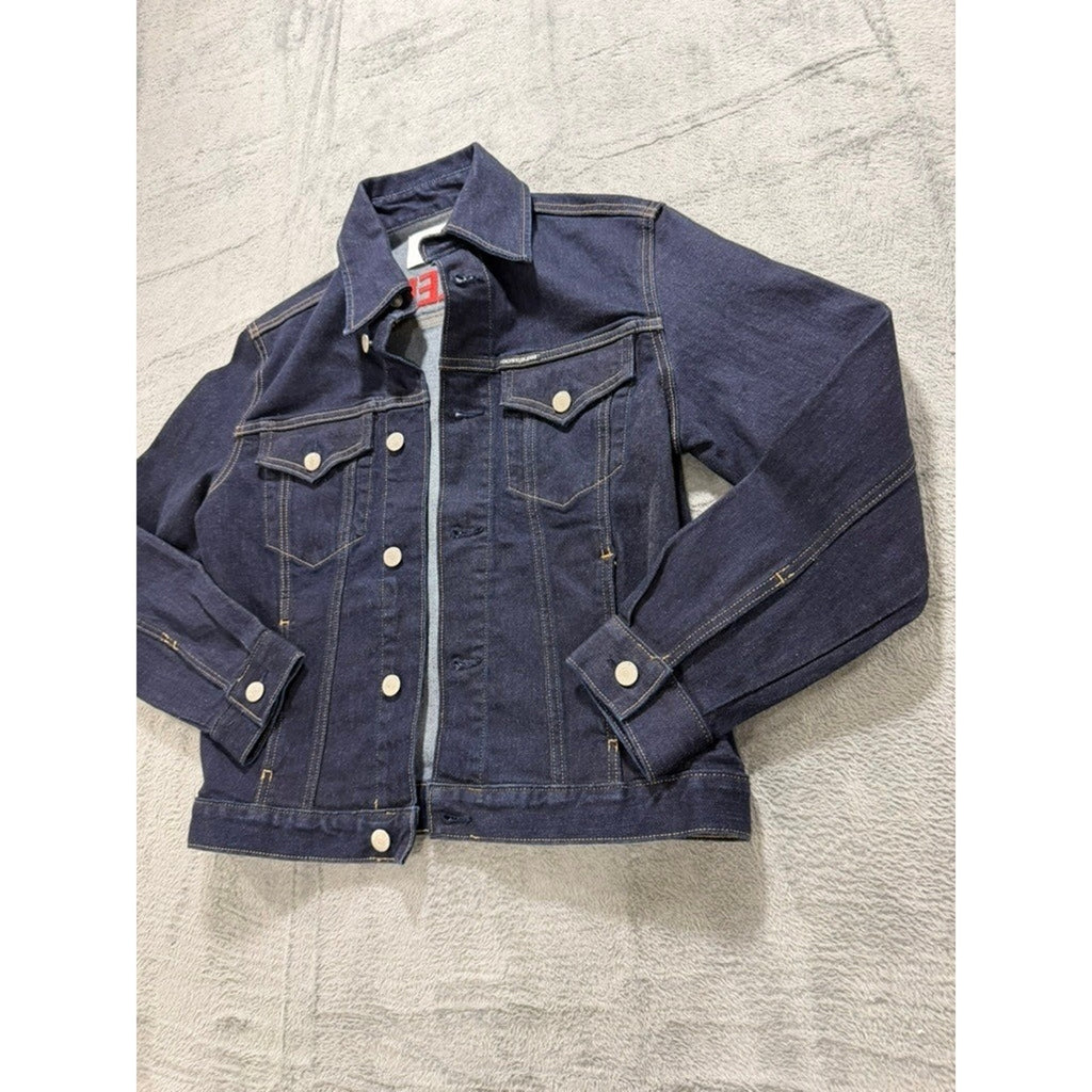 Calvin Klein Jeans Womens Small Dark Indigo Denim Trucker Jacket Red Logo Back