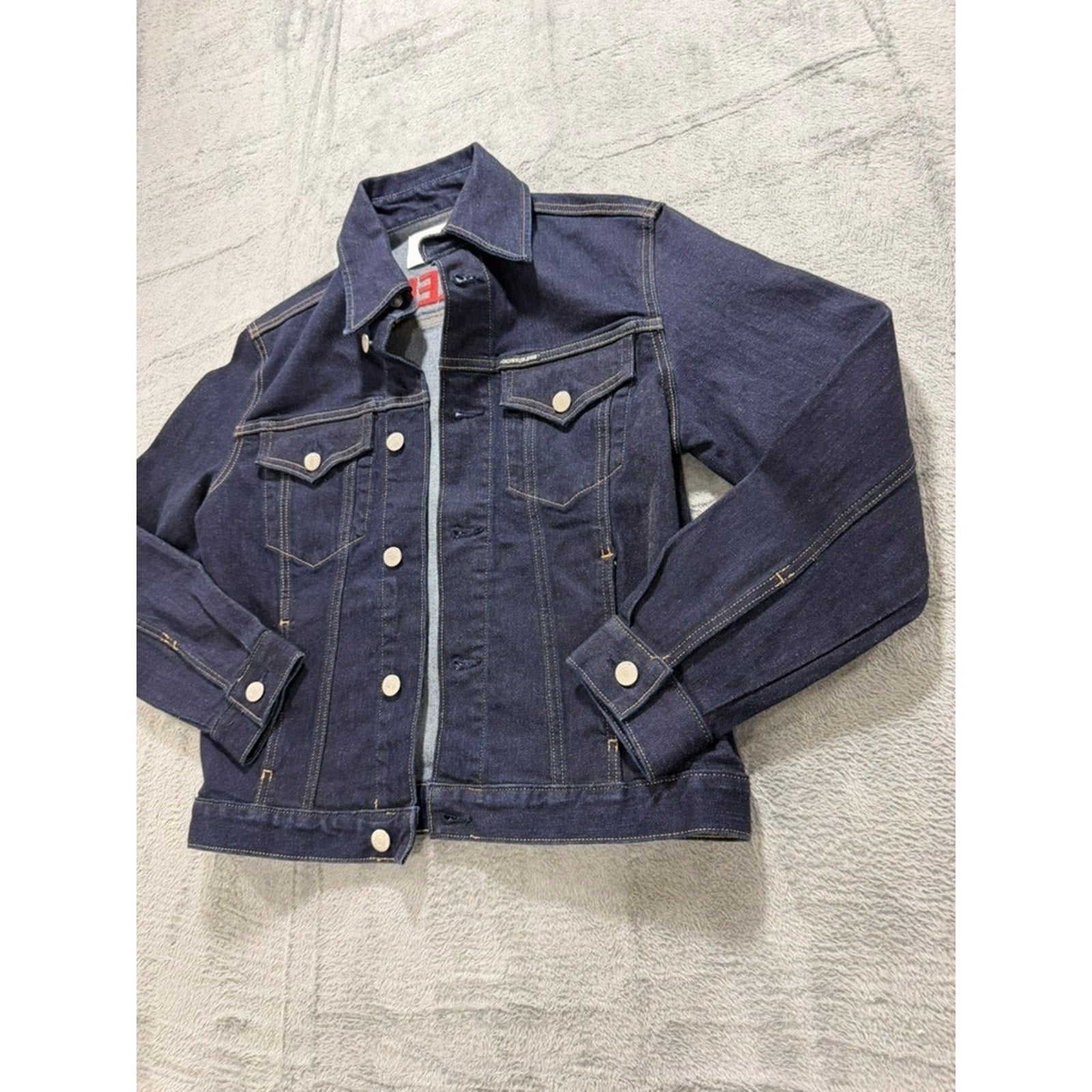 Calvin Klein Jeans Womens Small Dark Indigo Denim Trucker Jacket Red Logo Back