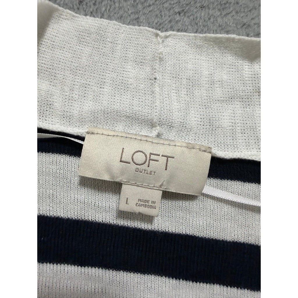 Loft Outlet Striped Cardigan Women L Navy White Open Front Coastal Preppy Career