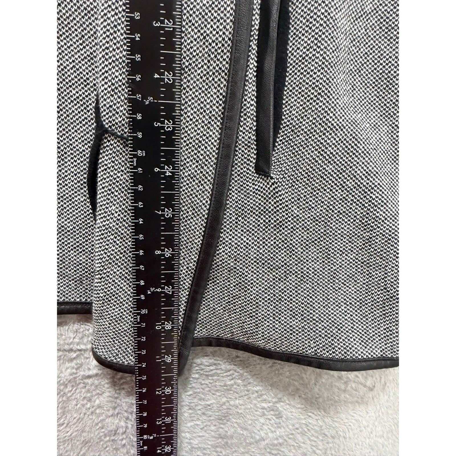 Chicos Grey Black Birds Eye Knit Open Front Cardigan Faux Leather Trim Size 2 L