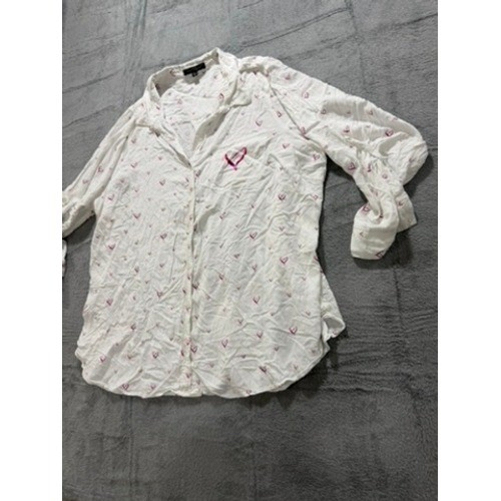 Velvet Heart Womens 3X White Pink Heart Print Roll Tab Sleeve Button Up Shirt