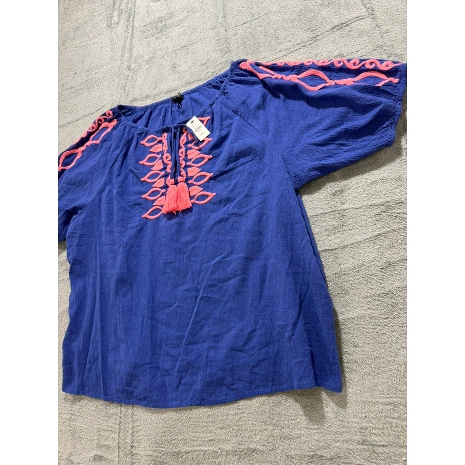 Talbots Petite XL P Blue Coral Embroidered Tassel Peasant Blouse NWT 57095257