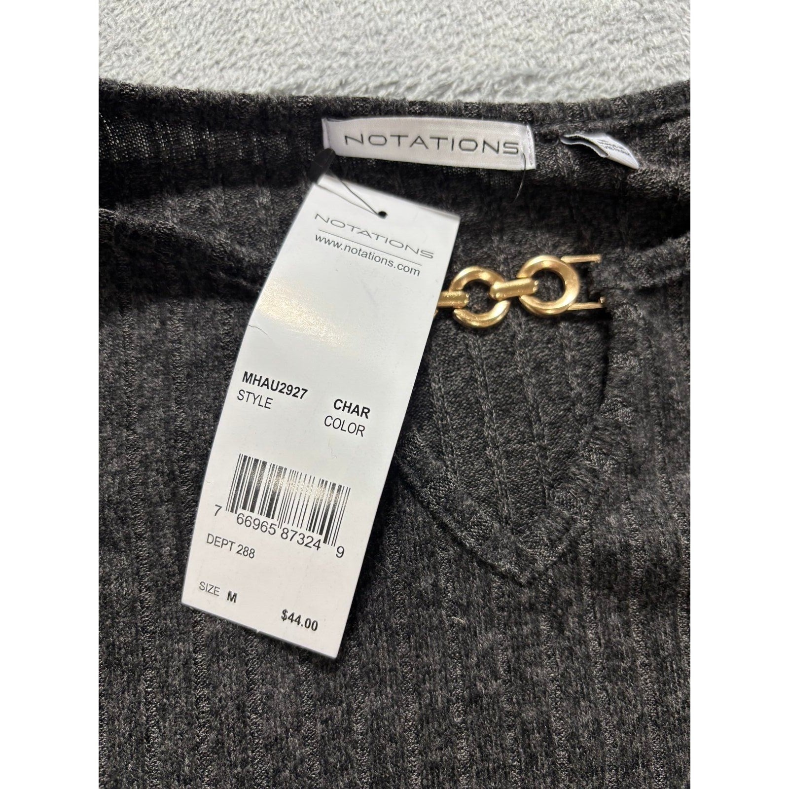 Notations Womens M Charcoal Gray Ribbed Long Sleeve Top Gold Chain Casual Preppy