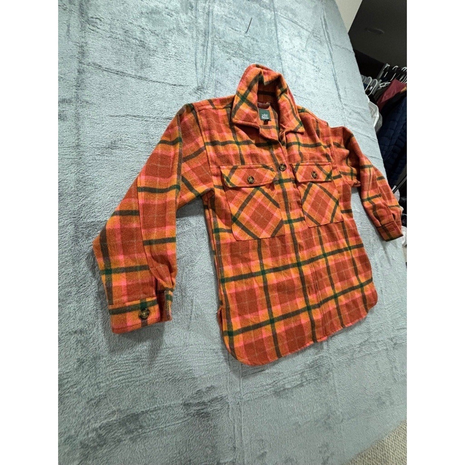 Wild Fable Womens XS Orange Plaid Shacket Button Up Jacket Vintage Boho Cozy