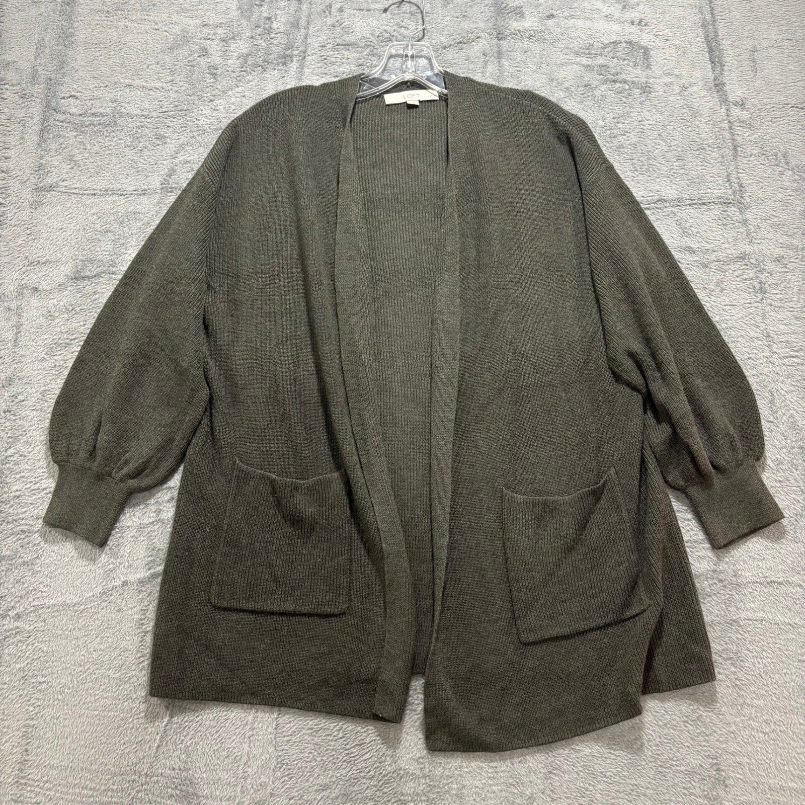 LOFT Womens LP Olive Green Open Front Cardigan Sweater Draped Longline Boho Cozy