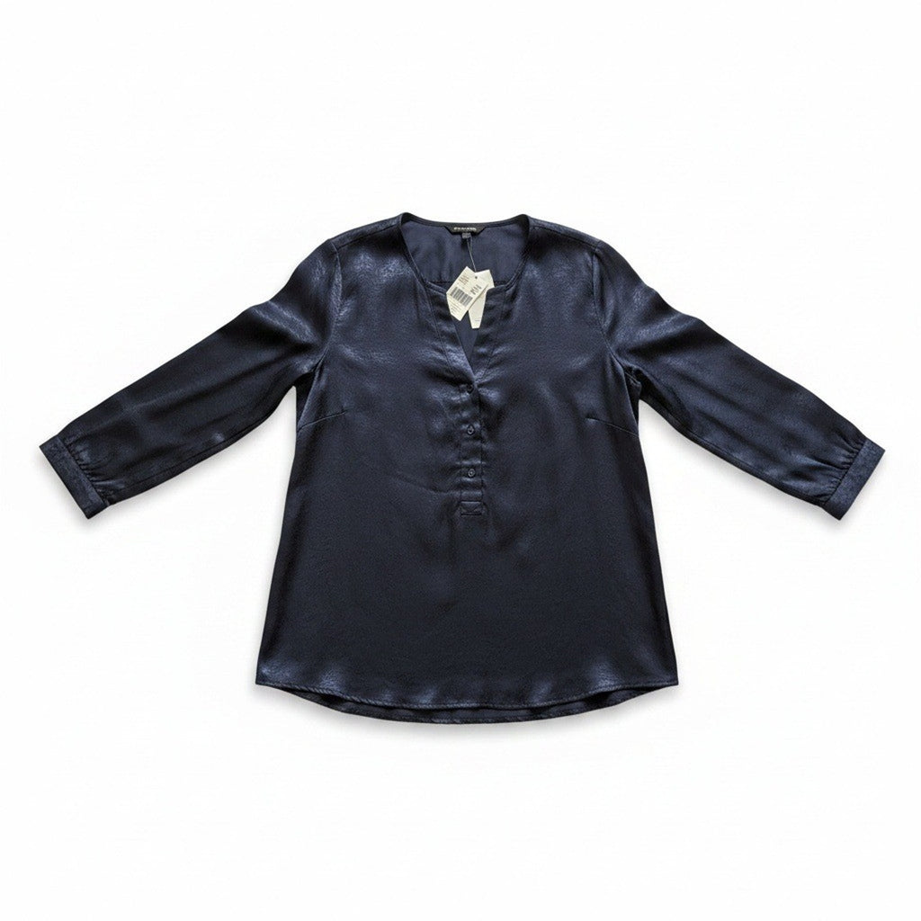 Banana Republic Womens XL Navy Blue Henley Blouse Satin 3/4 Sleeve Work Classic