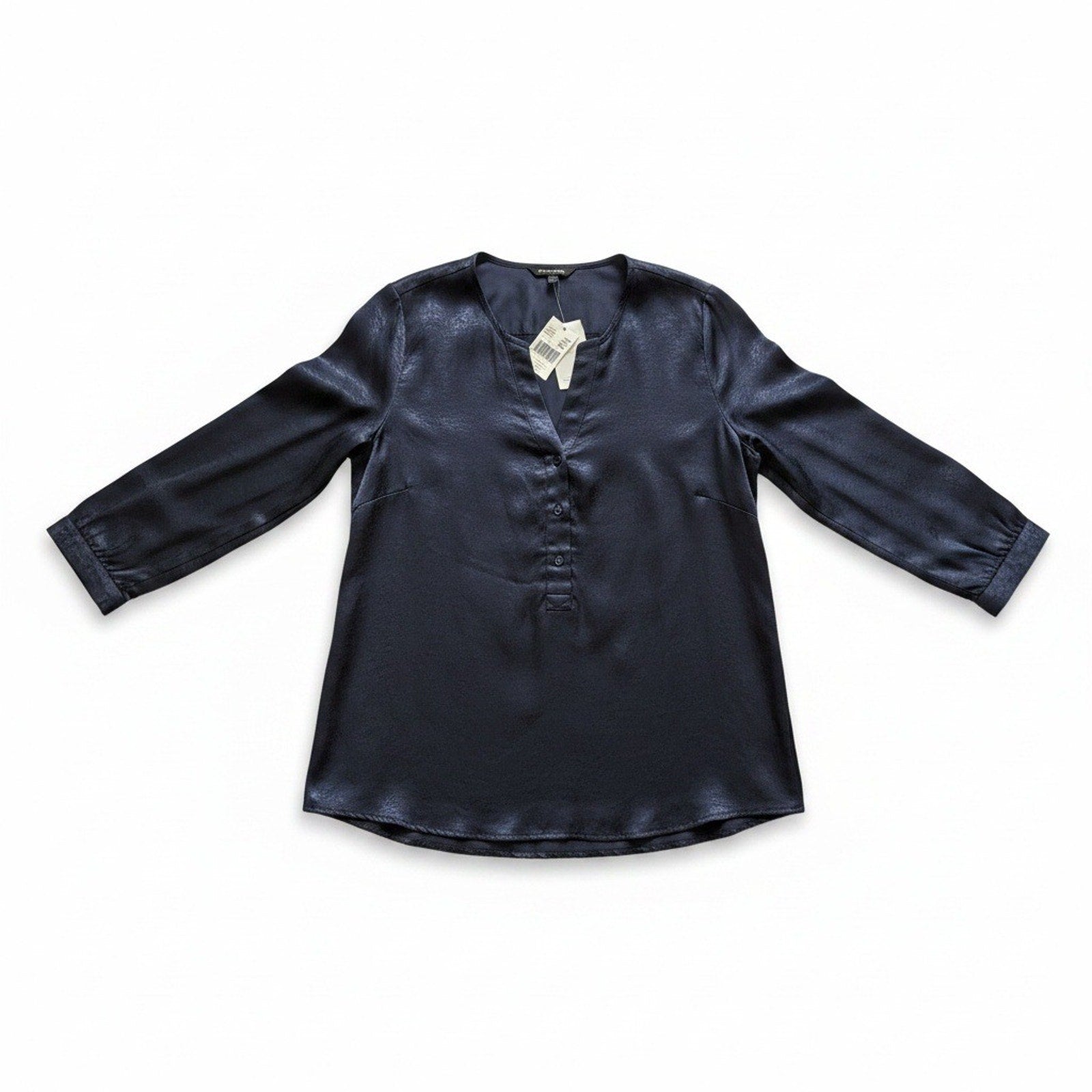 Banana Republic Womens XL Navy Blue Henley Blouse Satin 3/4 Sleeve Work Classic