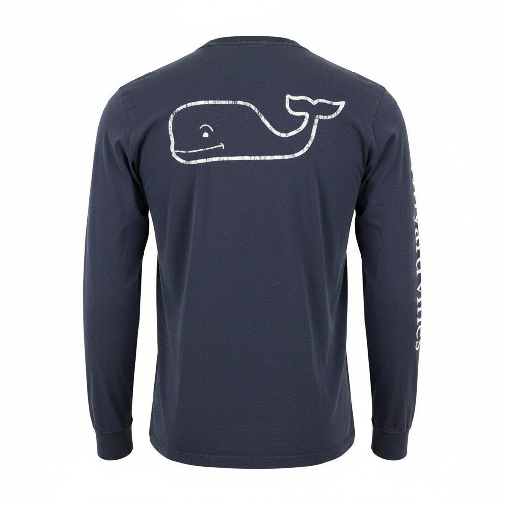 Vineyard Vines Mens Small Long Sleeve Pocket Tee Navy Blue Whale Logo Cotton