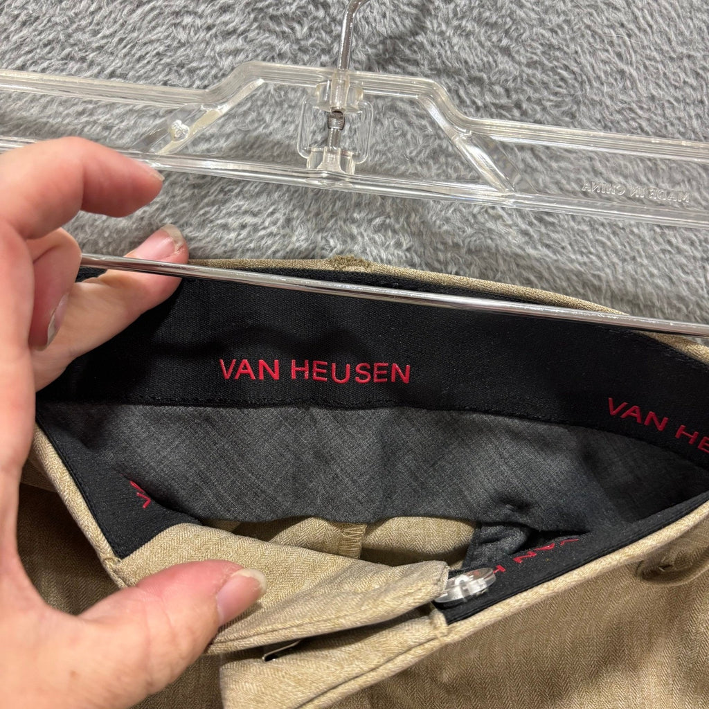 Van Heusen Mens 34x34 Tan Herringbone Slim Fit Flex Dress Pants Flat Front Chino