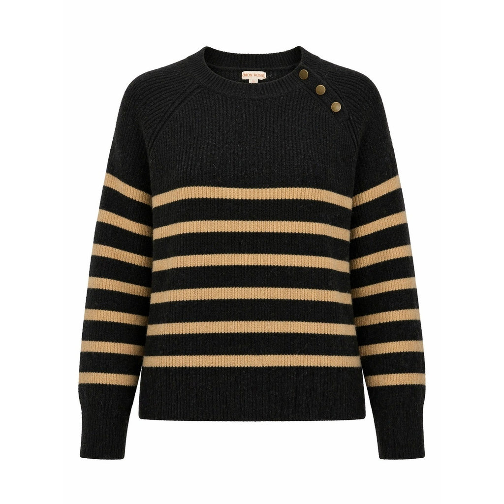 Knox Rose Sweater Womens XL Black Tan Stripe Ribbed Button Shoulder Cozy