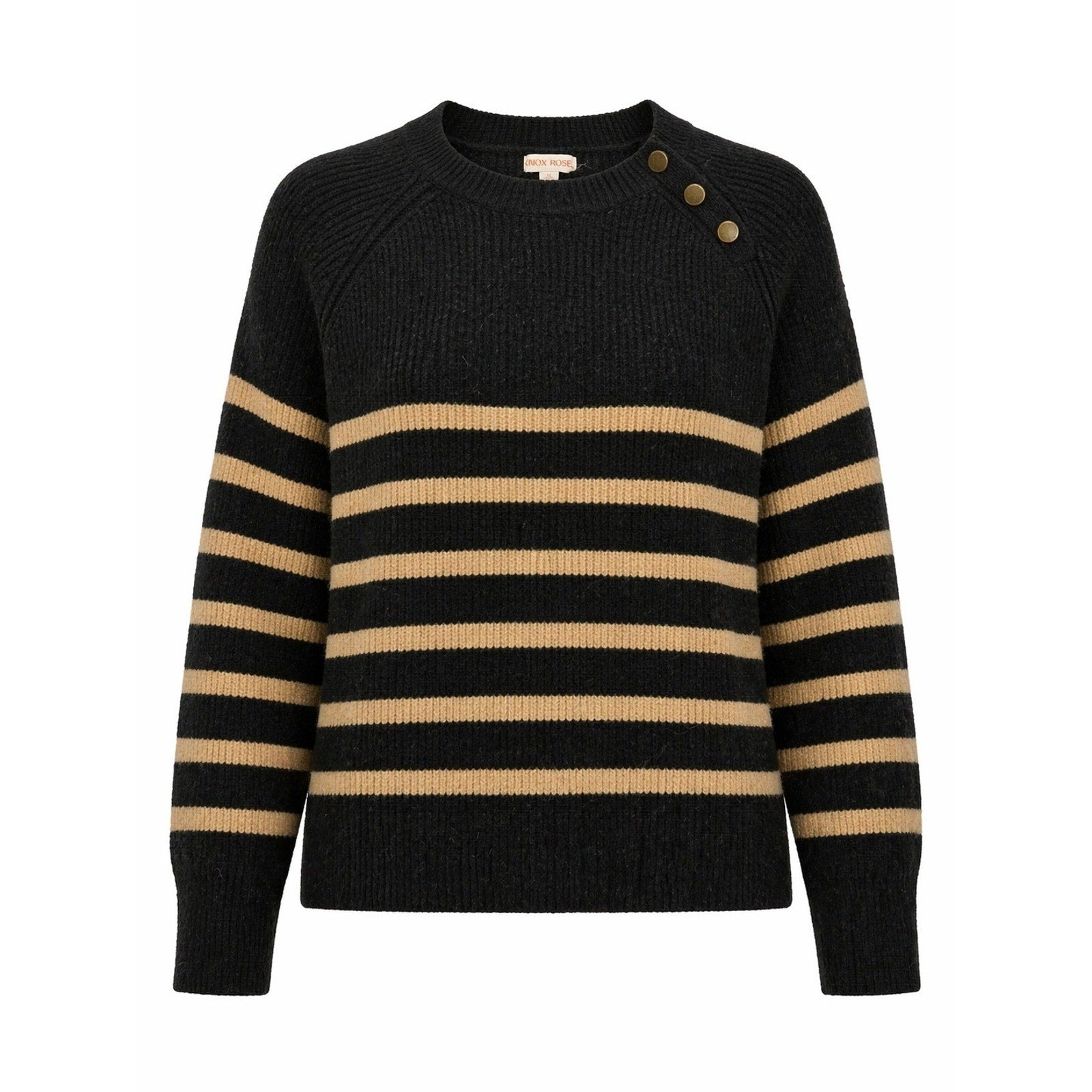 Knox Rose Sweater Womens XL Black Tan Stripe Ribbed Button Shoulder Cozy
