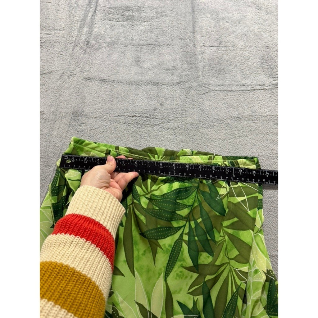 Worthington Green Tropical Leaf Print Ruffle Front Skirt Size 16 Elastic Waist