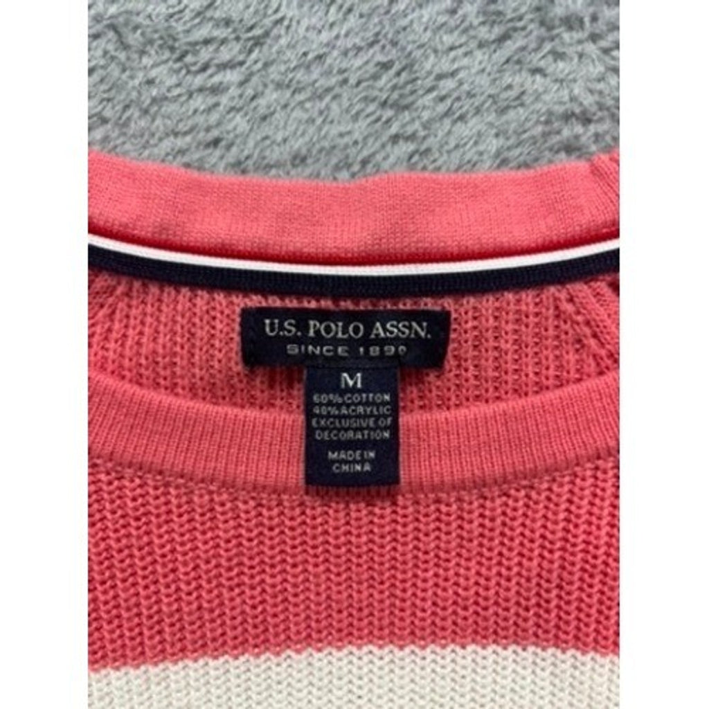 US Polo Assn Sweater Womens M Pink Stripe Knit Crewneck Logo Casual Preppy