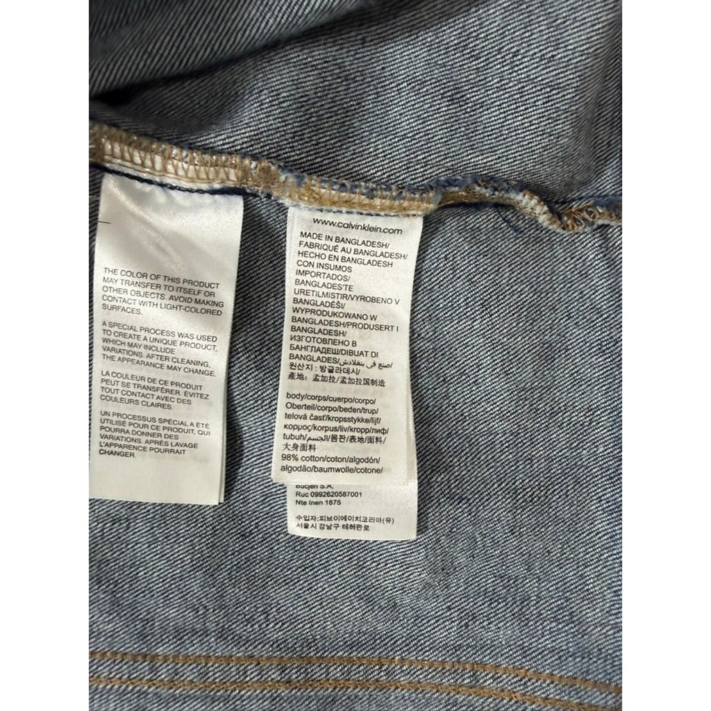 Calvin Klein Jeans Womens Small Dark Indigo Denim Trucker Jacket Red Logo Back