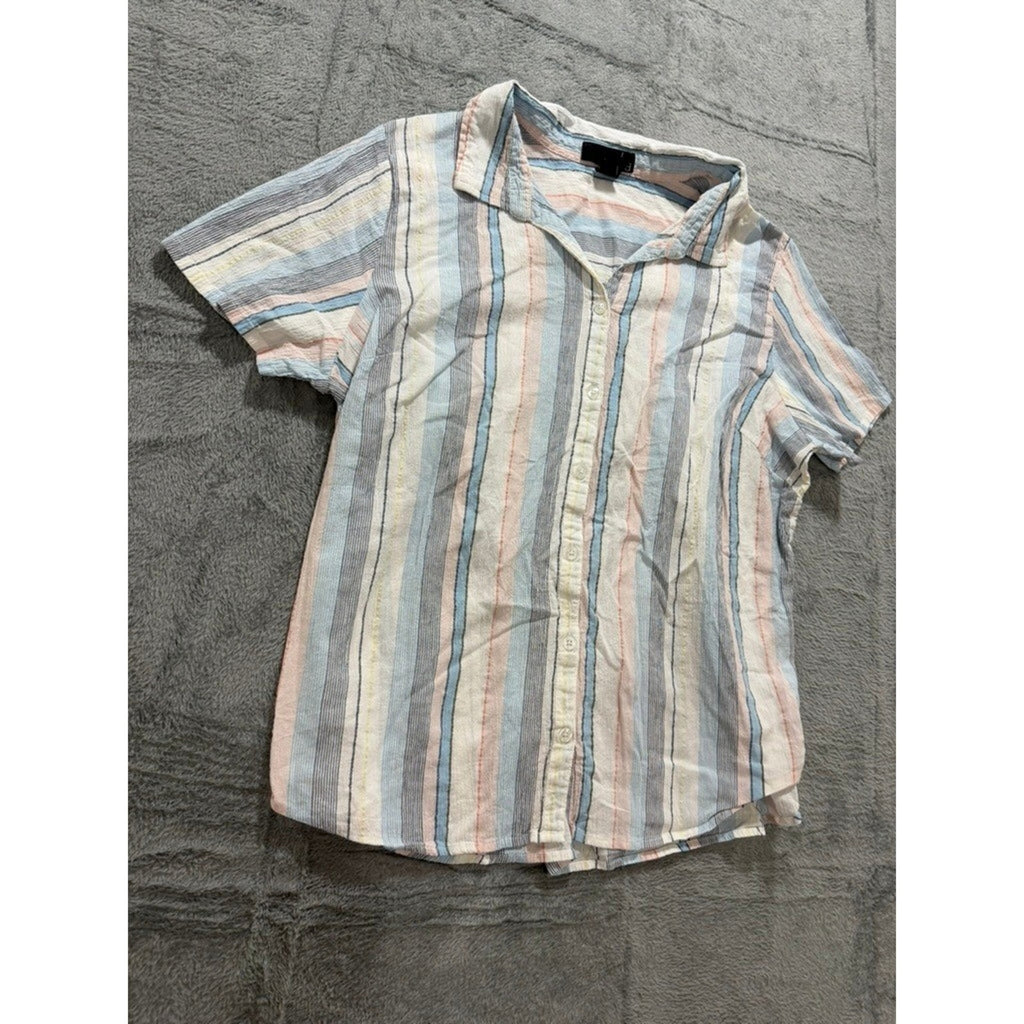 Erika Button Up Shirt Womens L Multicolor Stripe Cotton Short Sleeve Casual