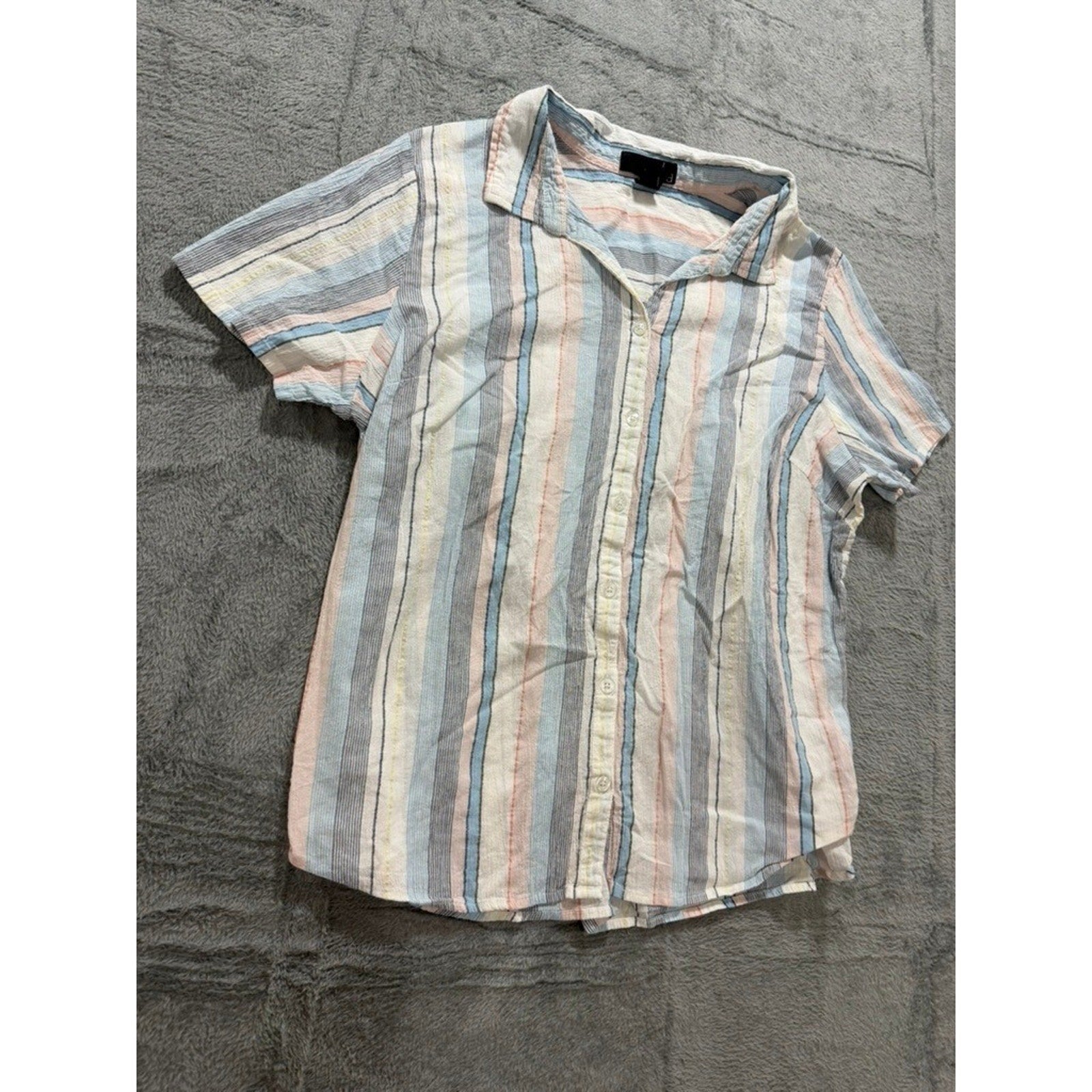 Erika Button Up Shirt Womens L Multicolor Stripe Cotton Short Sleeve Casual