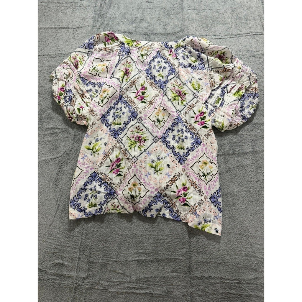 Jane + Delancey Womens Floral Baroque Patchwork Twist Front Puff Sleeve Blouse M