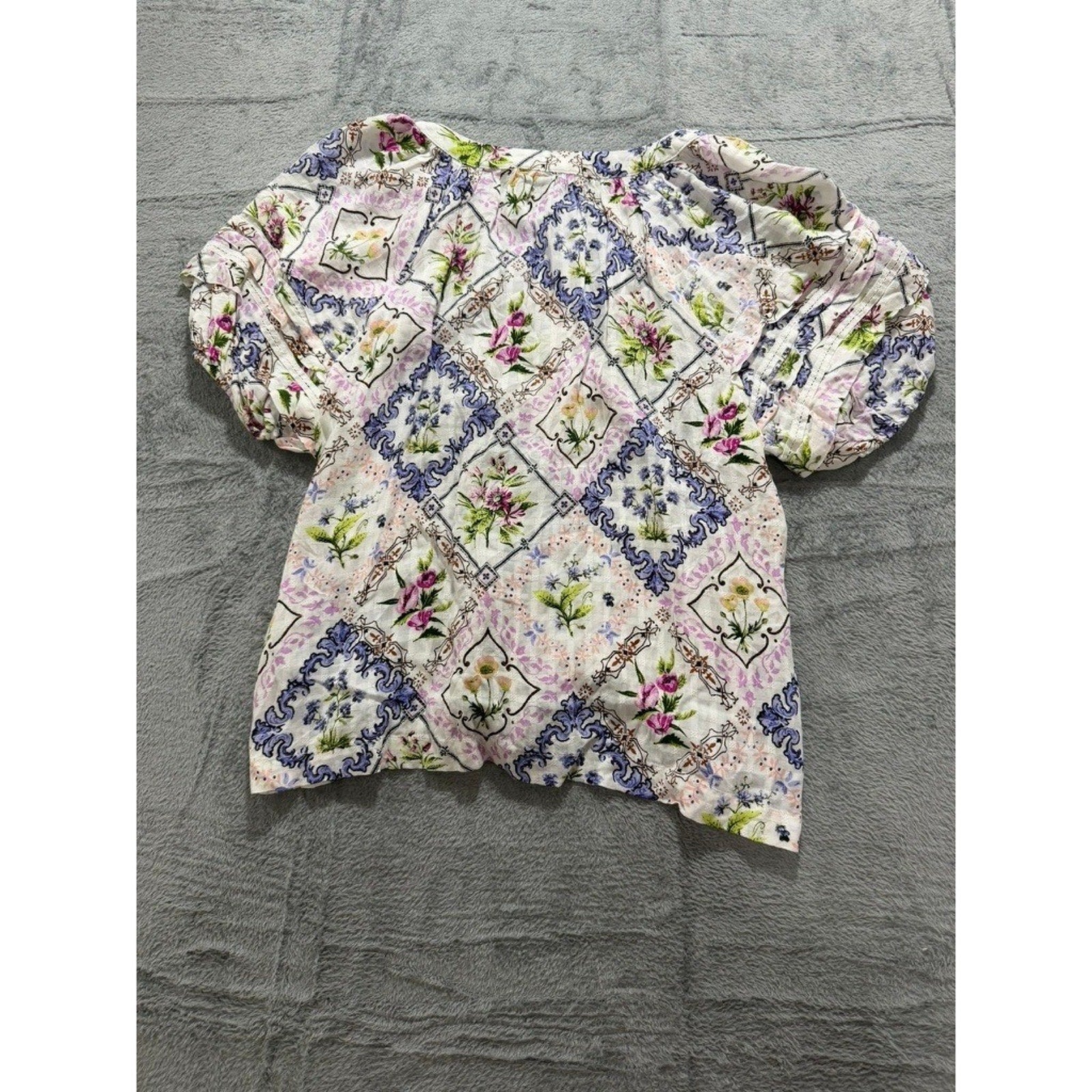 Jane + Delancey Womens Floral Baroque Patchwork Twist Front Puff Sleeve Blouse M