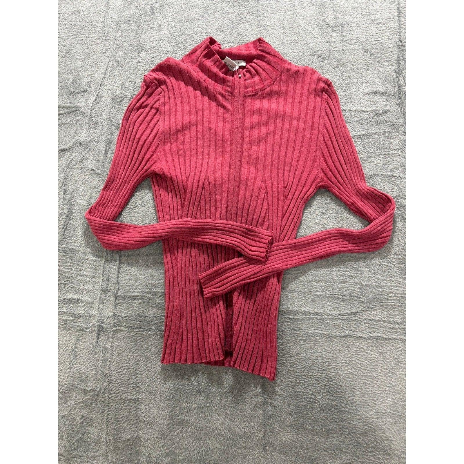 CAbi Ribbed Zip Sweater Womens Small Pink Silk Blend Fitted Stretch Y2K