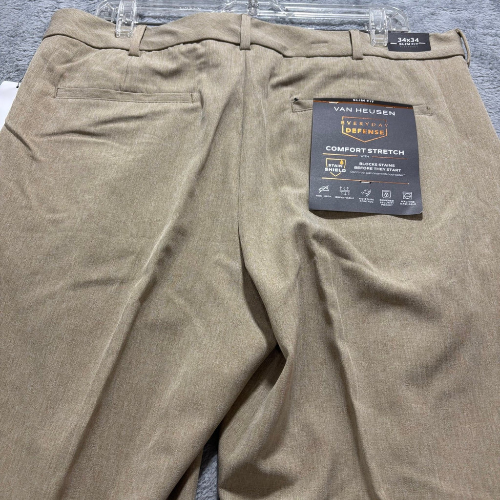 Van Heusen Mens 34x34 Tan Herringbone Slim Fit Flex Dress Pants Flat Front Chino
