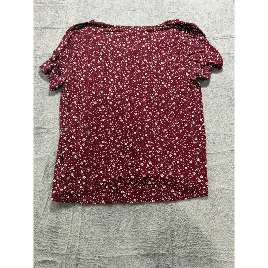 Old Navy Luxe Womens Large Burgundy Floral V-Neck Puff Short Sleeve Top Shirt