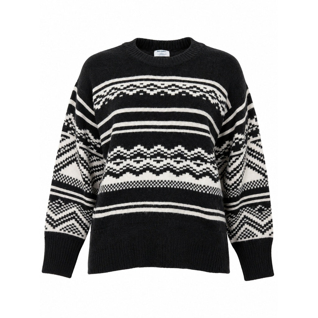 Old Navy Womens Black White Fair Isle Go-Recycled Crewneck Sweater Large Nordic
