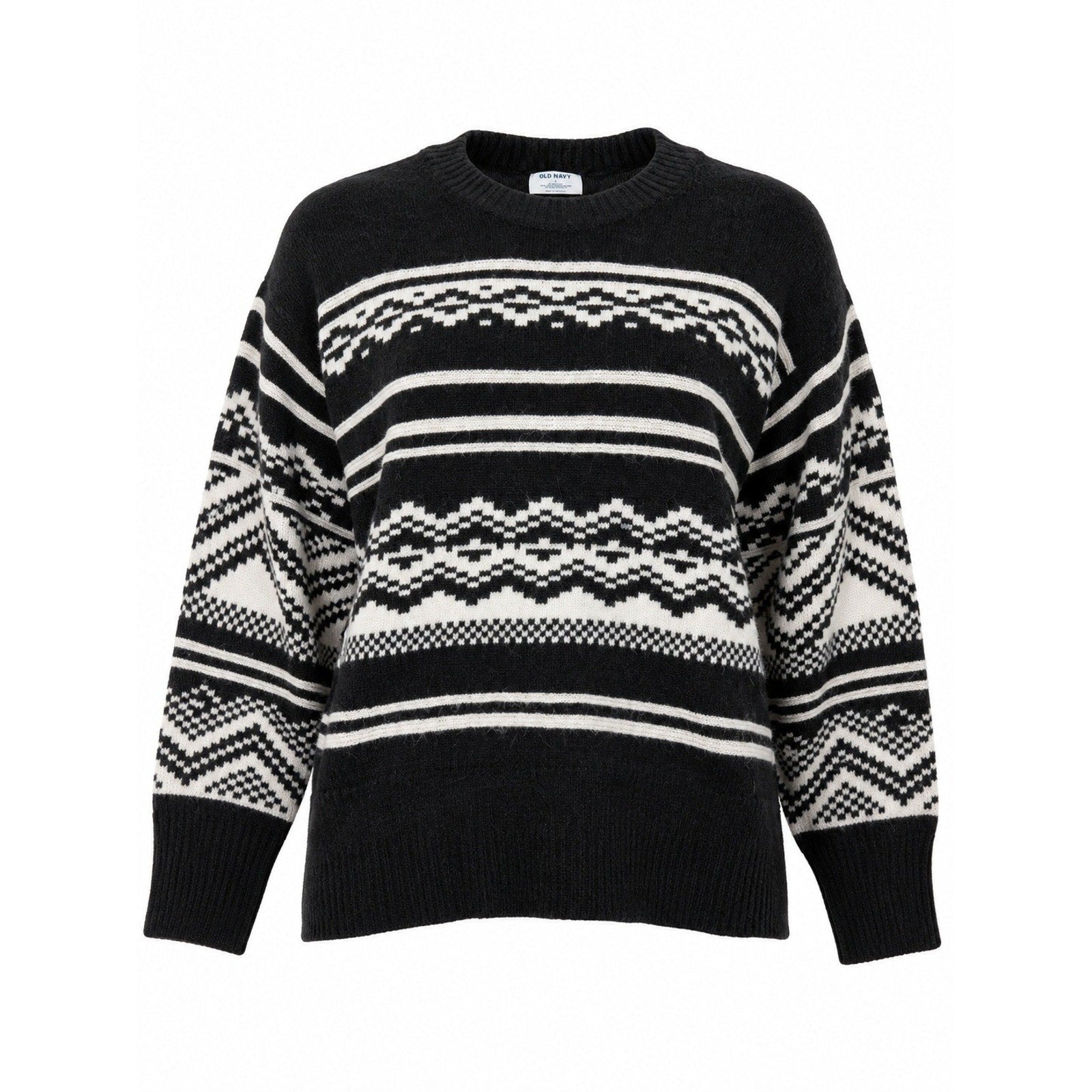 Old Navy Womens Black White Fair Isle Go-Recycled Crewneck Sweater Large Nordic