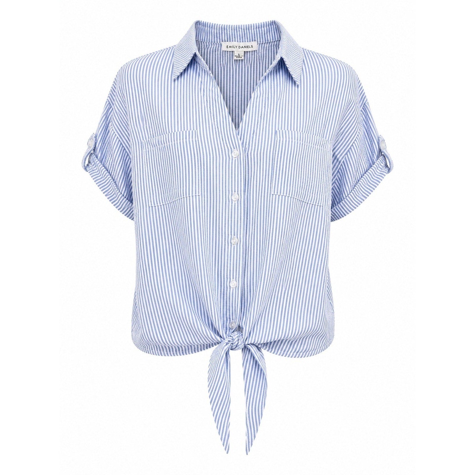 Emily Daniels Button Up Top Womens L Blue White Stripe Tie Front Casual