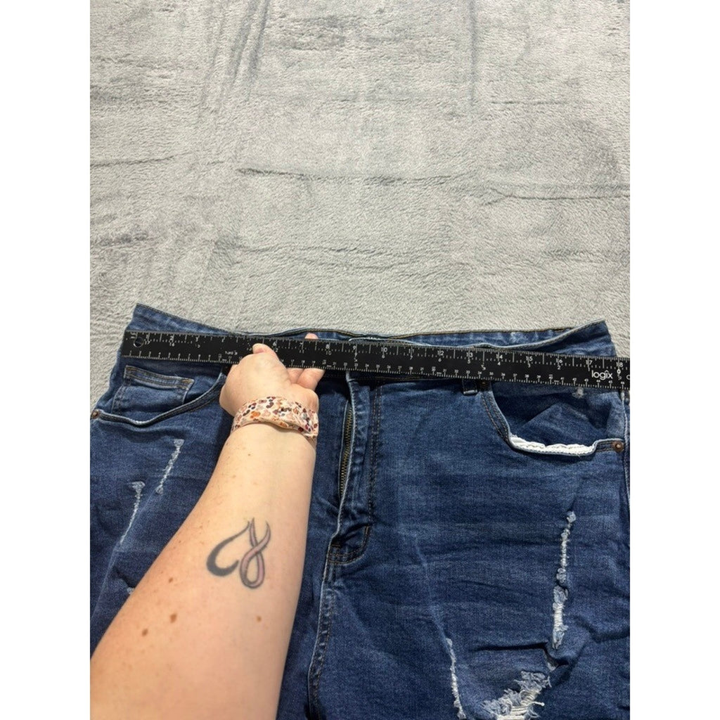 American Bazi Plus 2X Distressed Raw Hem Denim Shorts Blue High Rise Stretch