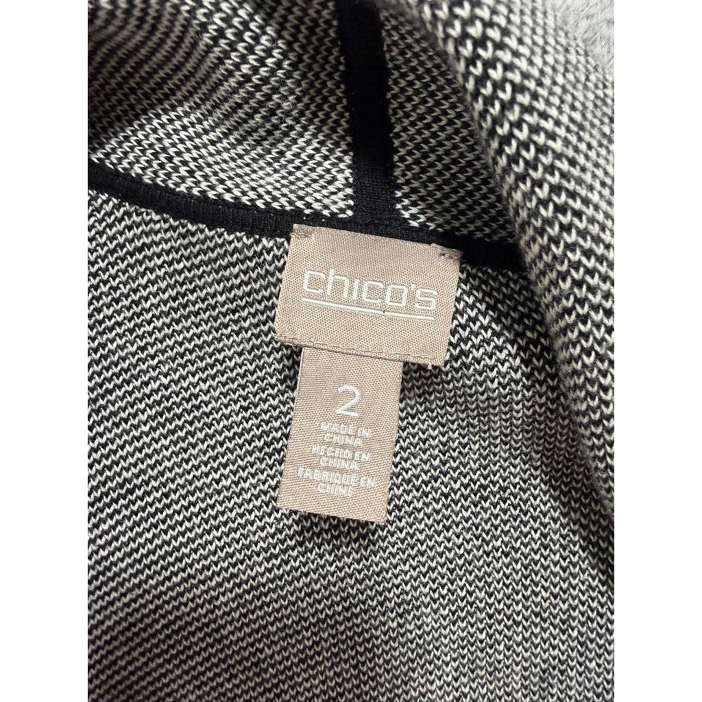 Chicos Grey Black Birds Eye Knit Open Front Cardigan Faux Leather Trim Size 2 L