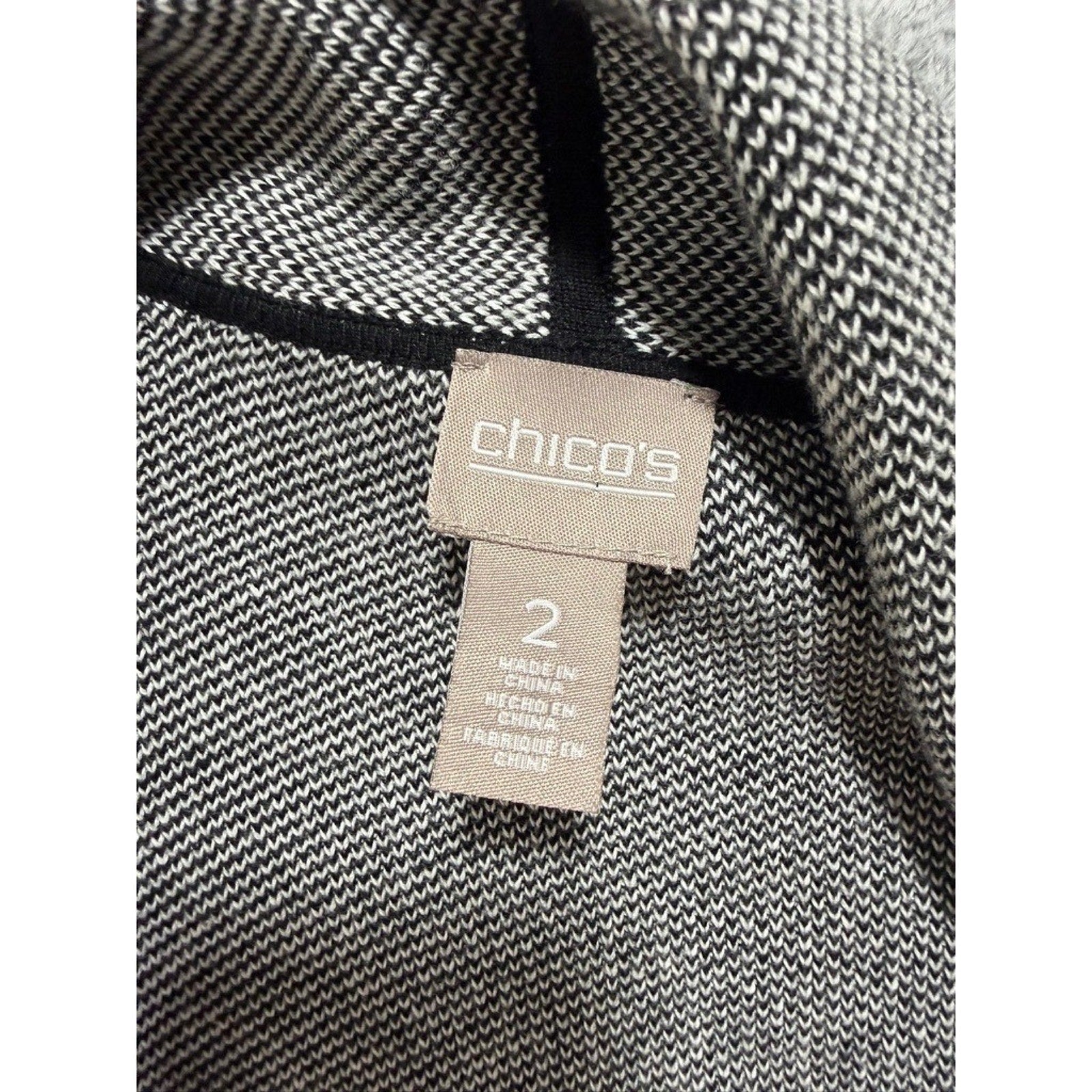 Chicos Grey Black Birds Eye Knit Open Front Cardigan Faux Leather Trim Size 2 L