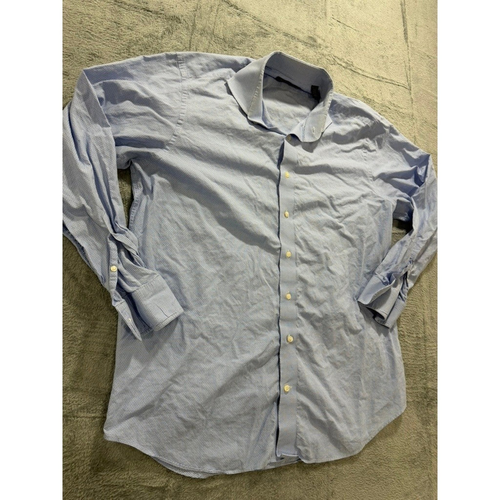 Saks Fifth Avenue Dress Shirt Mens 17 34/35 Blue Check Slim Fit Cotton Button