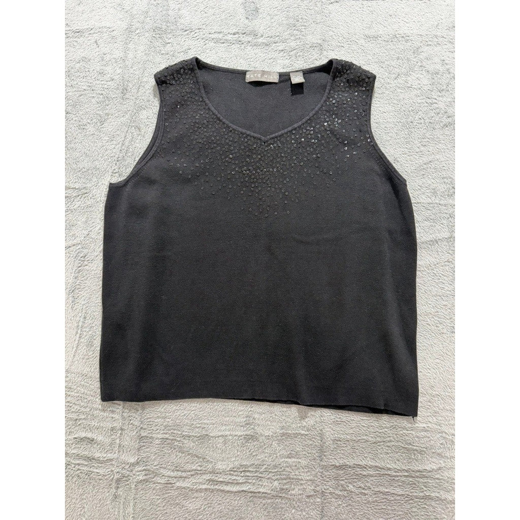 Kate Hill Womens XL Black Silk Cotton Blend Sequin V-Neck Knit Tank Top Shell
