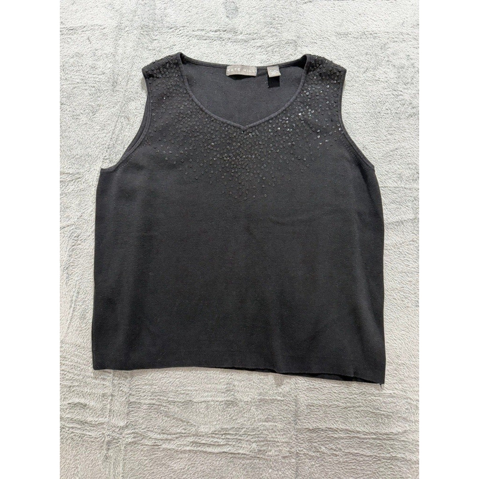 Kate Hill Womens XL Black Silk Cotton Blend Sequin V-Neck Knit Tank Top Shell