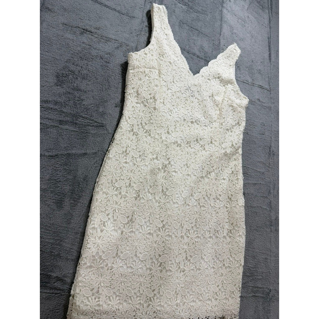 Ann Taylor Women Ivory White Floral Crochet Lace V-Neck Sleeveless Dress 14