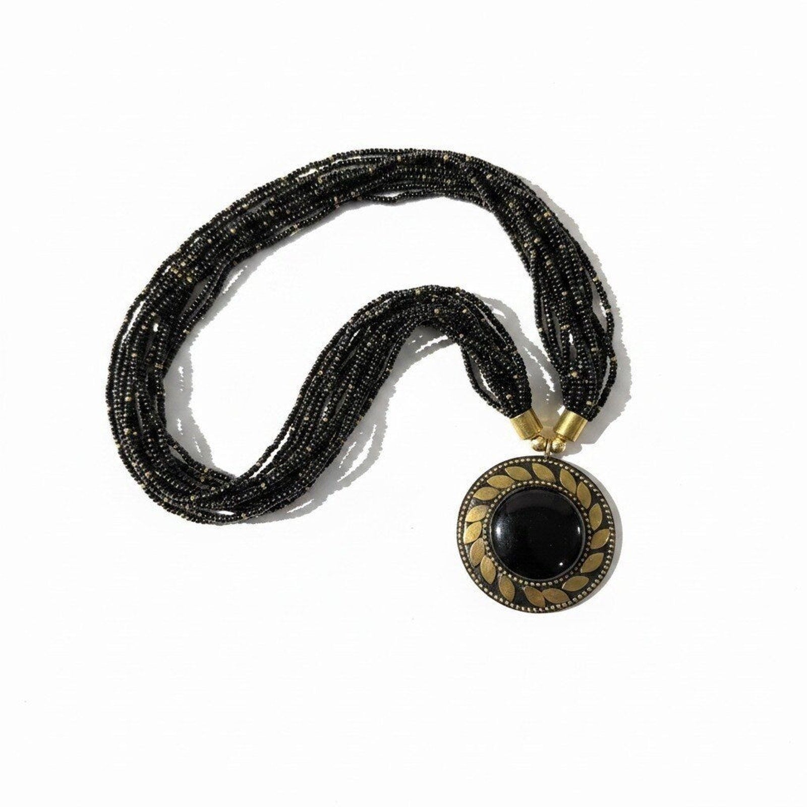 Womens OS Black Gold Multi Strand Seed Bead Statement Necklace Vintage Boho