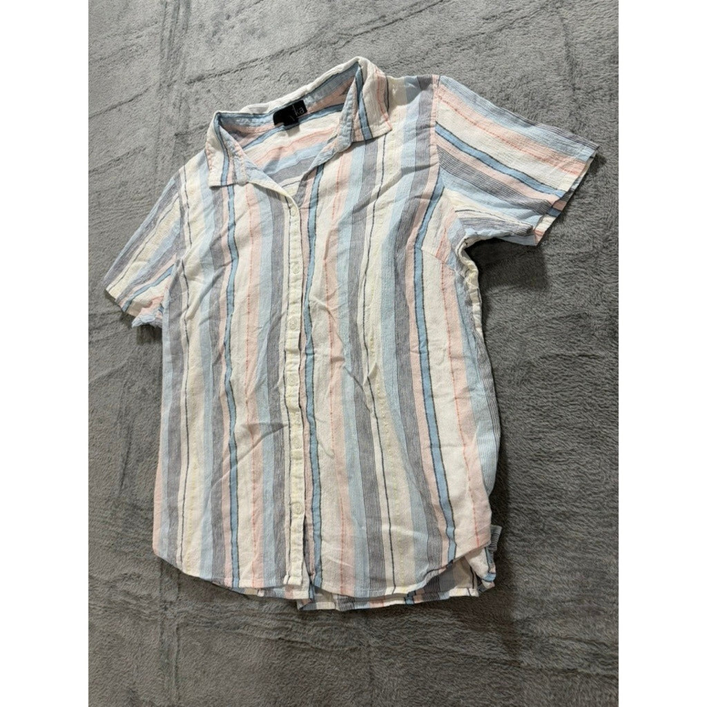 Erika Button Up Shirt Womens L Multicolor Stripe Cotton Short Sleeve Casual
