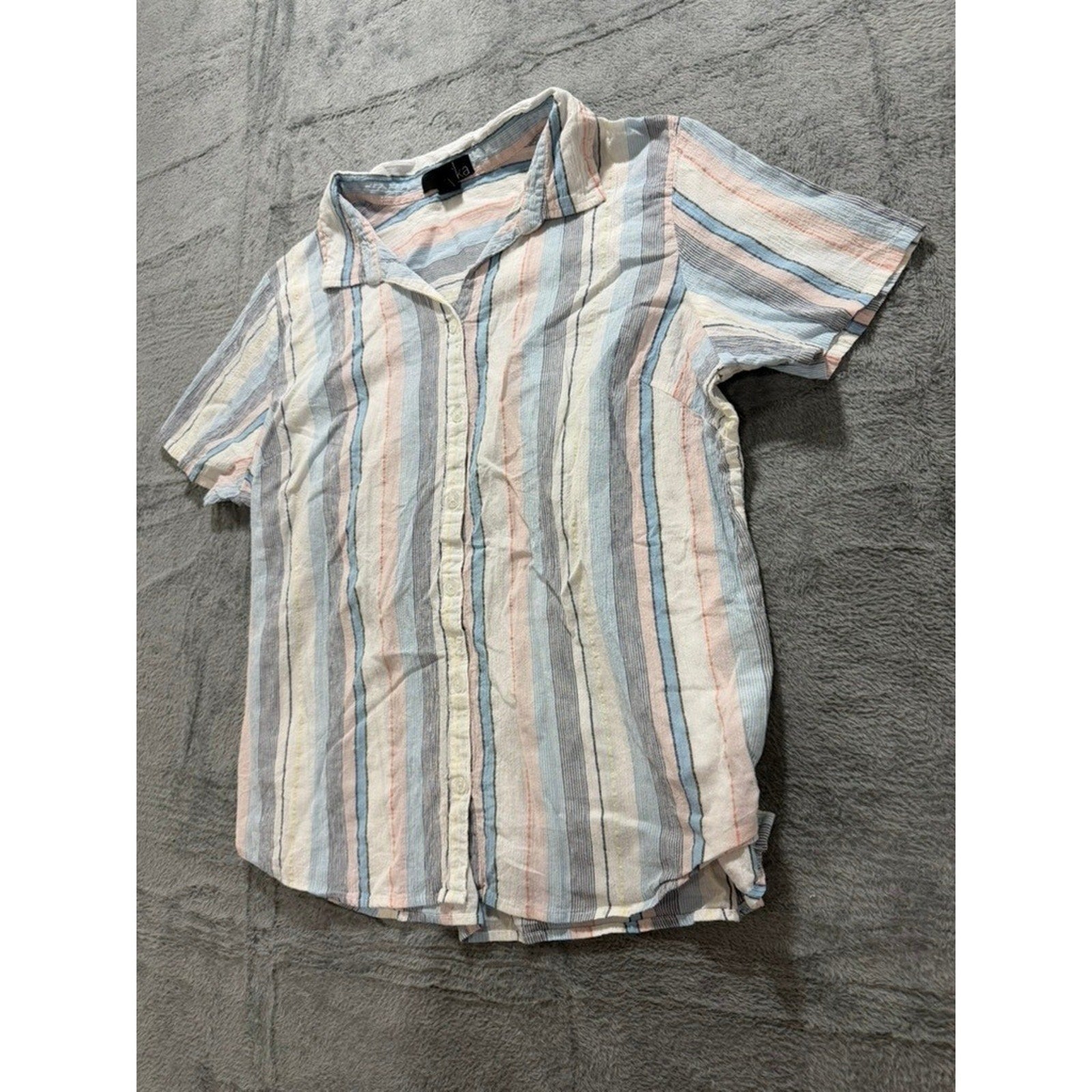 Erika Button Up Shirt Womens L Multicolor Stripe Cotton Short Sleeve Casual