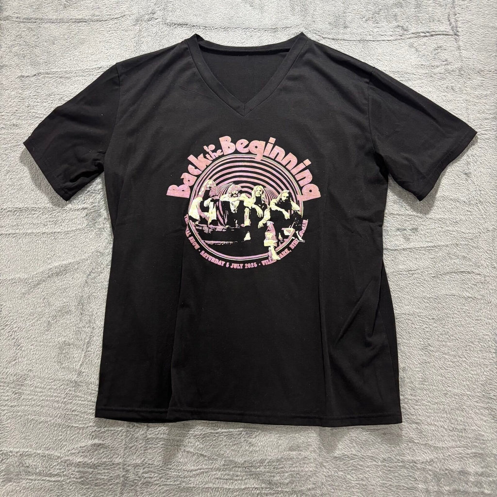 Women L Black Back to the Beginning Concert Graphic V-Neck T-Shirt Vintage Style