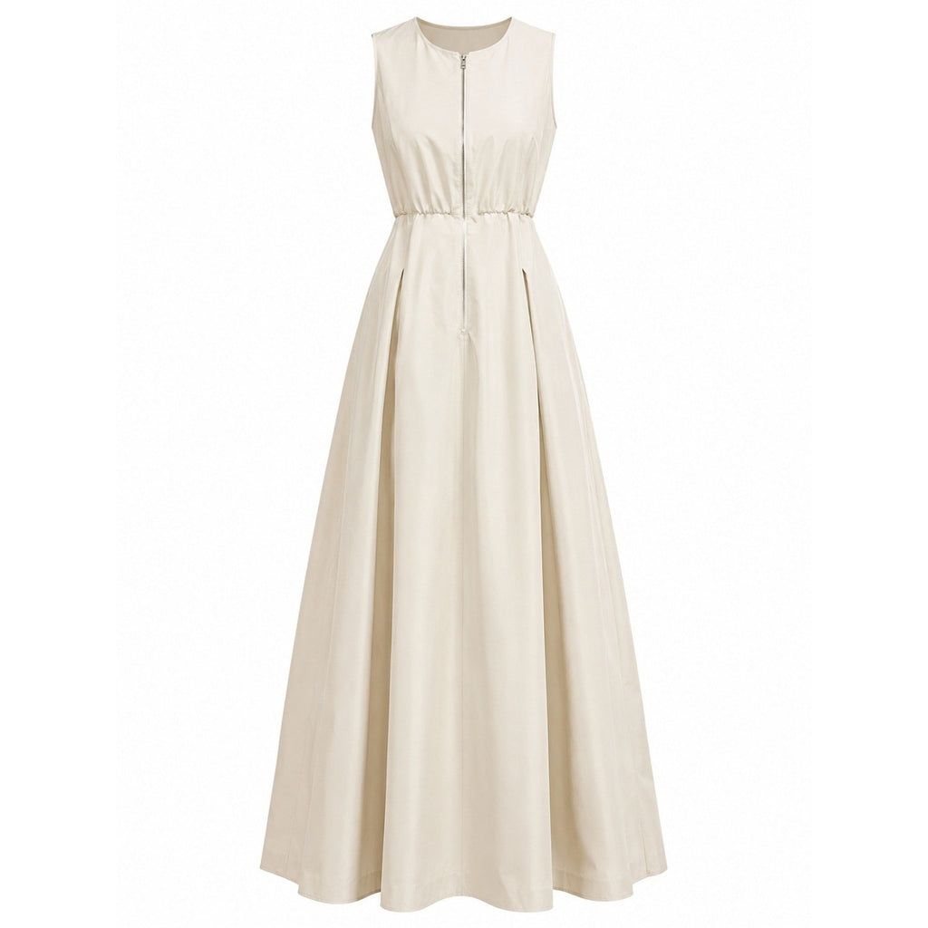Beige Sleeveless Front Zip Pleated Maxi Dress Corset Bodice Minimalist Neutral