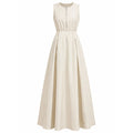 Beige Sleeveless Front Zip Pleated Maxi Dress Corset Bodice Minimalist Neutral