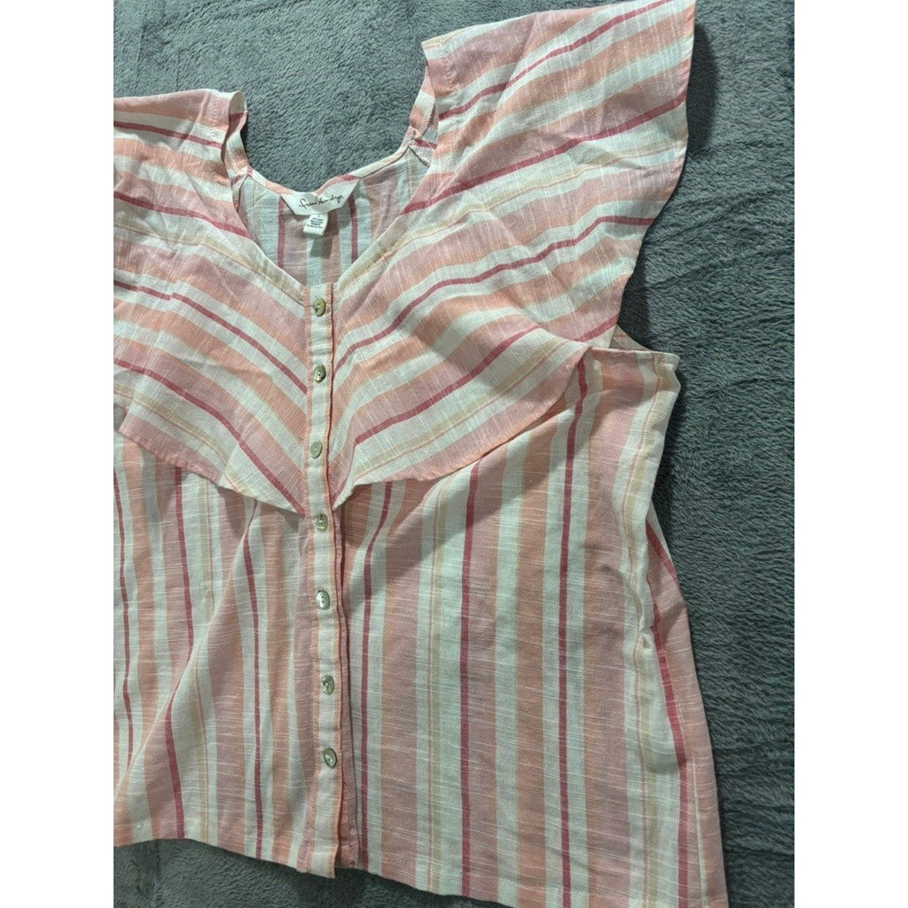 French Laundry Blouse Womens L Pink Stripe Flutter Sleeve Button Front Top