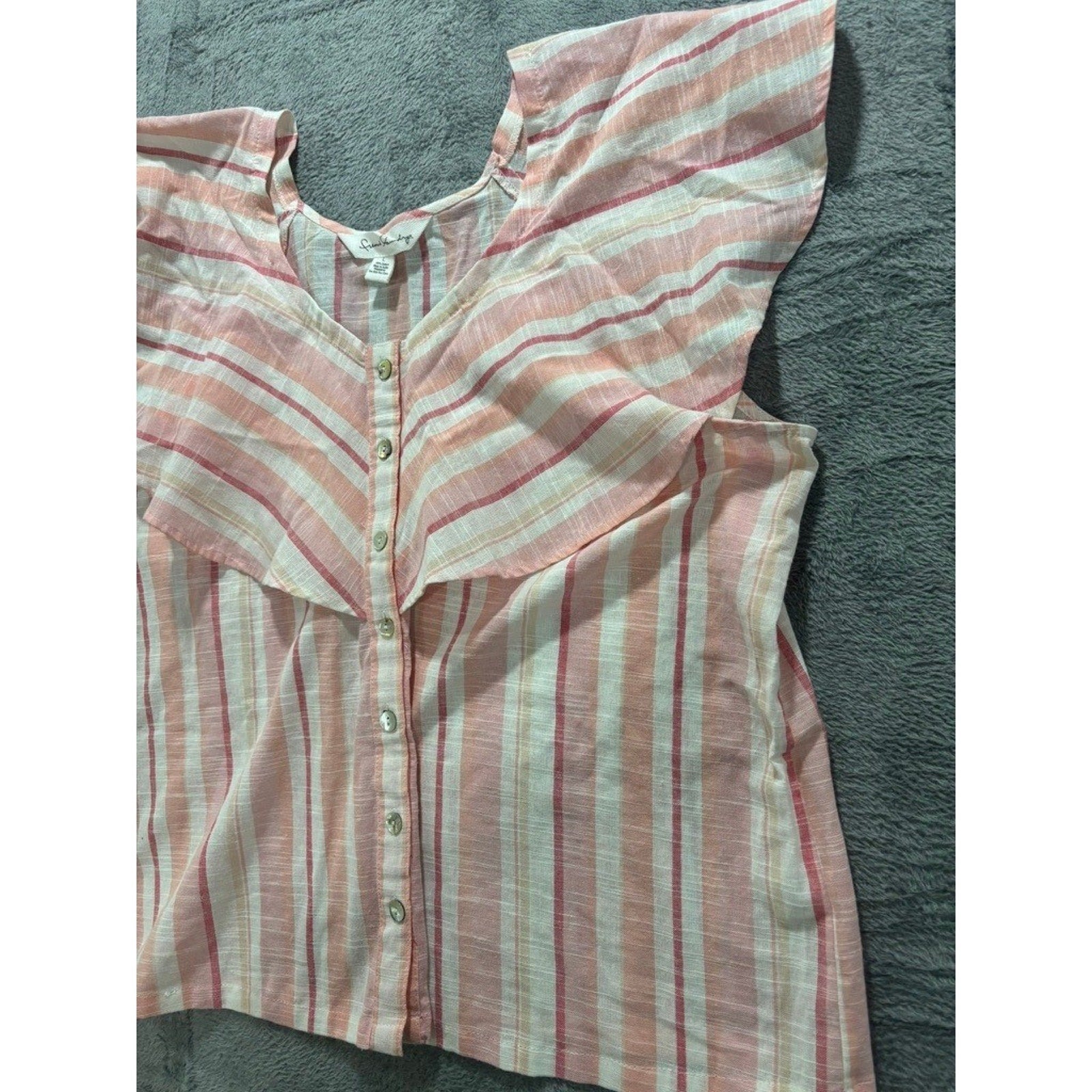 French Laundry Blouse Womens L Pink Stripe Flutter Sleeve Button Front Top