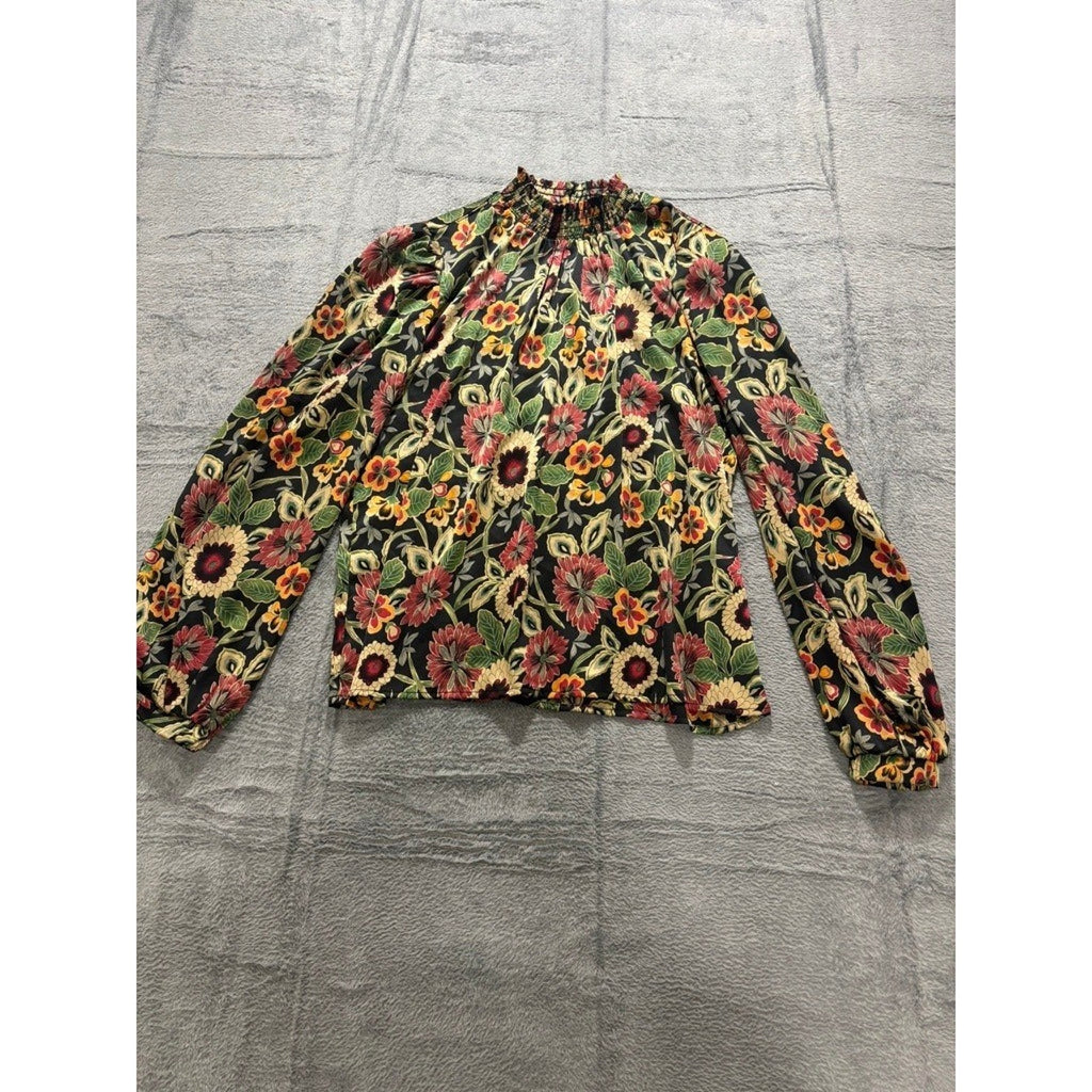 MelloDay Blouse Womens M Floral Boho Smocked Neck Long Sleeve Lightweight Office