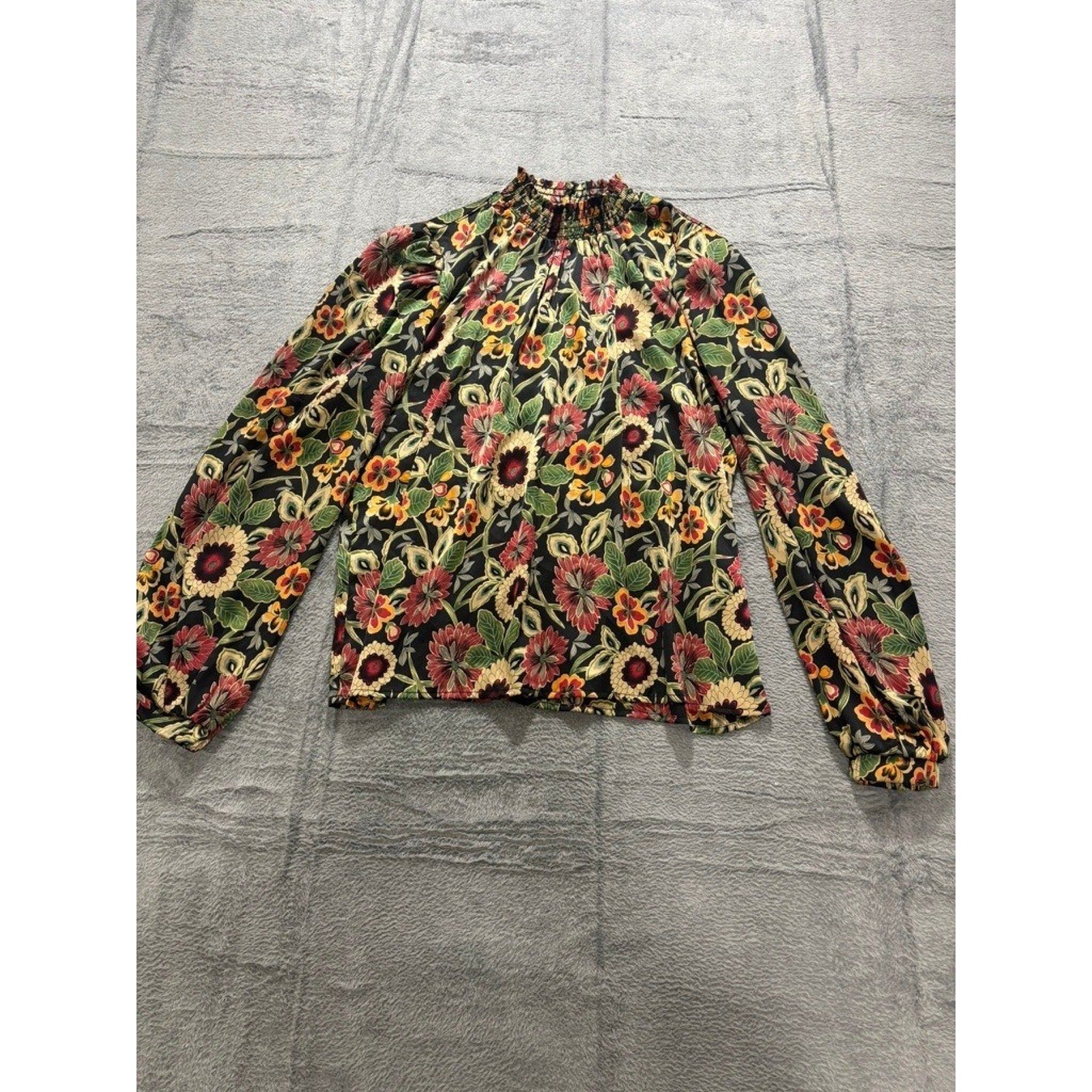 MelloDay Blouse Womens M Floral Boho Smocked Neck Long Sleeve Lightweight Office